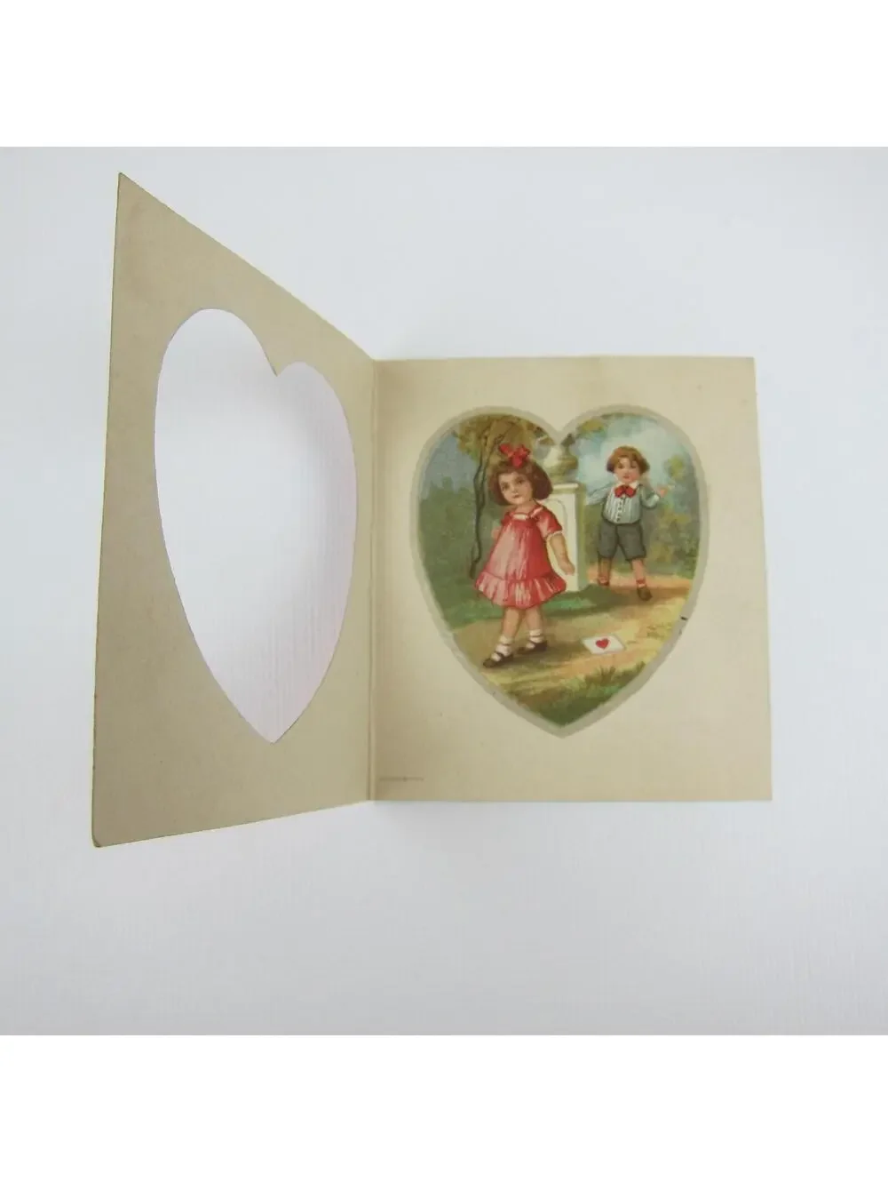 Vintage Valentine Boy Girl Pink Dress Walking By Red Heart Die Cut Window Bifold